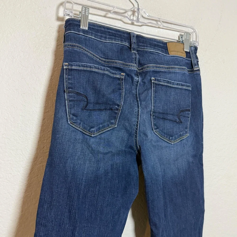 American Eagle Mid Rise Jegging Jeans Dark  Distressed Step Hem Size 8 Regular‎
